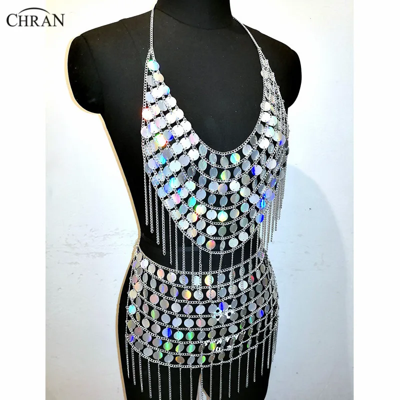 Chran голографический переливающийся блесток Chainmail Bralette средства ухода за кожей жгут цепочки и ожерелья фестиваль бюстгальтер укороченный топ