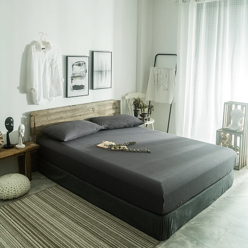 

3Pc Cotton Fitted Sheet Mattress Cover Dark Gray Small Plaid Pattern Bed Sheets With Elastic Band Mattress Protector Pillowslip