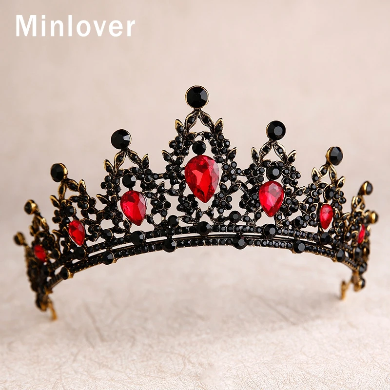 Minlover Винтаж Красный Кристалл короны в стиле барокко и диадемы для женщин Роскошные Головные уборы невесты королева свадебная диадема аксессуары для волос