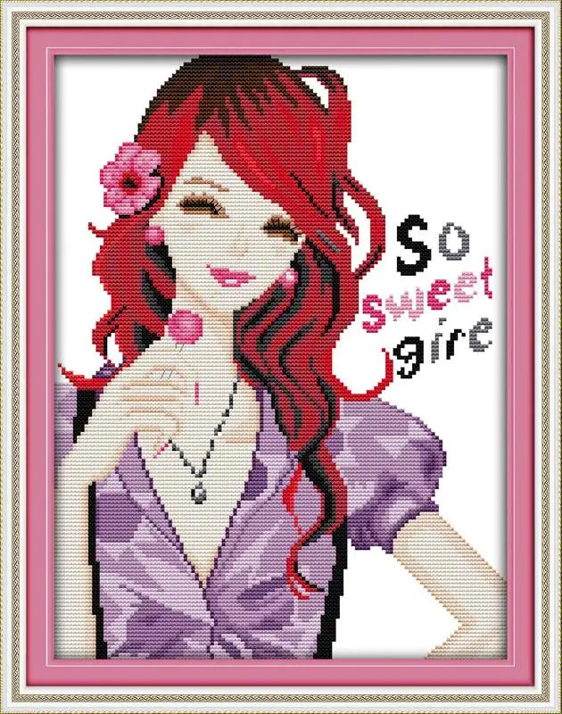 

Free DIY Cross-stitch 11&14CT Sweet Girl DMC Counted Cross Stitch Kit Kits for Ribbon Embroidery Knitting Needles Hobby Craft
