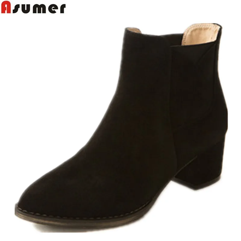 

Asumer spring autumn new arrive women boots black square heel cow suede ankle boots simple slip on genuine leather boots