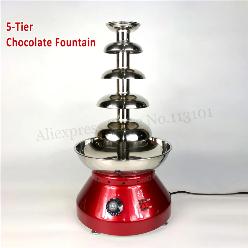 Five Tiers Luxury Chocolate Fondue Fountain Party Buffet Dinner Commercial Use Stainless Steel Wine Red Color 220V 230W