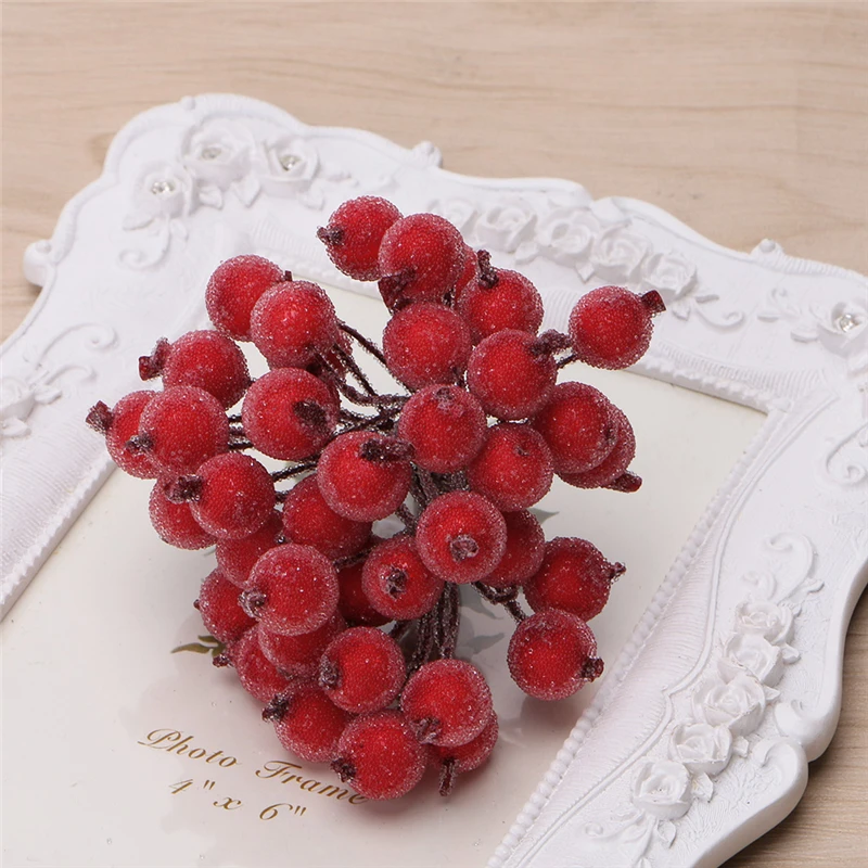 

40pcs Mini Fake Fruit glass Berries Artificial pomegranate red cherry Bouquet Stamen Christmas Decorative Double heads