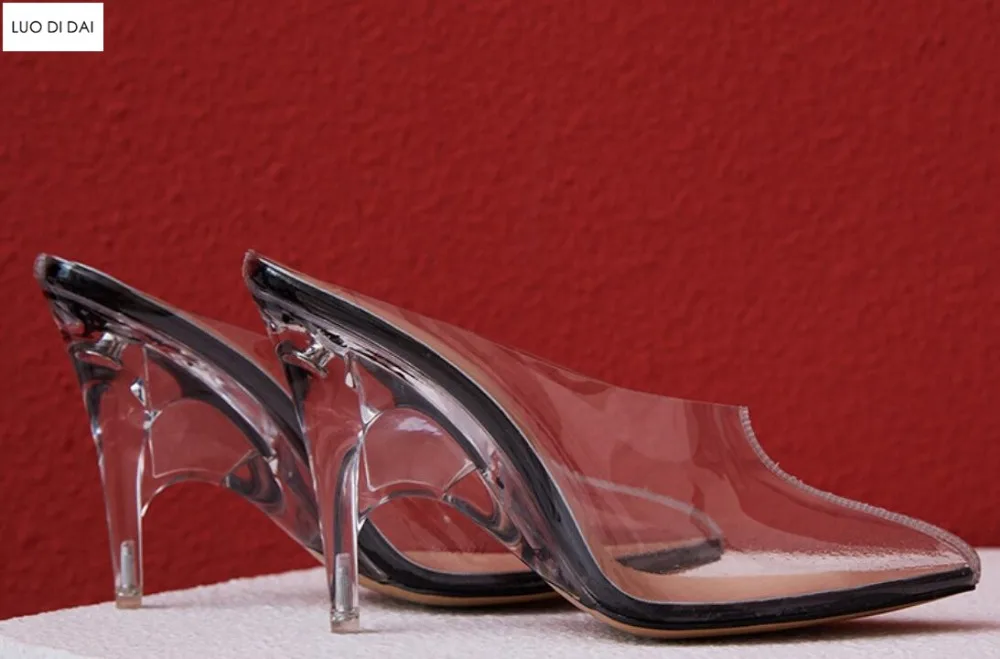 2019 New women PVC high heels clear heel party shoes point toe pumps