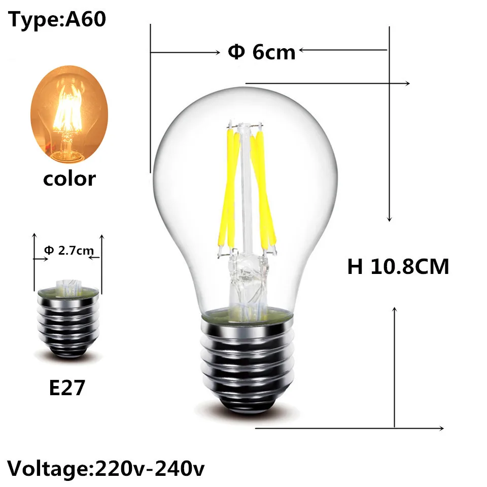 2 Вт 4 Вт 6 Вт 8 Вт COB Светодиодный прожектор E27 E14 220 в 230 В A60 G45 C35 Глобус матовый fliament светодиодный шар лампа светильник лампа - Испускаемый цвет: Clear A60 E27