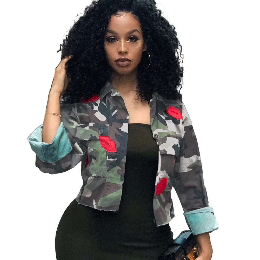 

YJSFG HOUSE Womens Jackets Shorts Camouflage Lips Coats Ladies Stretch Army Green Long Sleeve Autumn Hip Hop Coats Denim Outwear