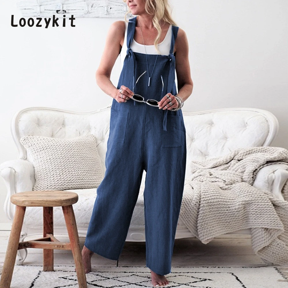 

LOOZYKIT Women Casual Jumpsuits Summer Solid Wide Leg Loose Jumpsuit with Pocket Rompers Sexy Lady Playsuits