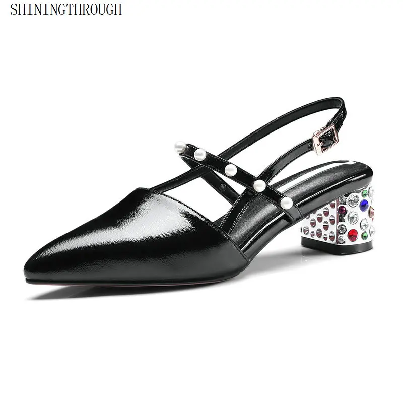 

Genuine leather crystal heels shoes woman summer slingbacks women shoes ladies wedding party shoes large size 43