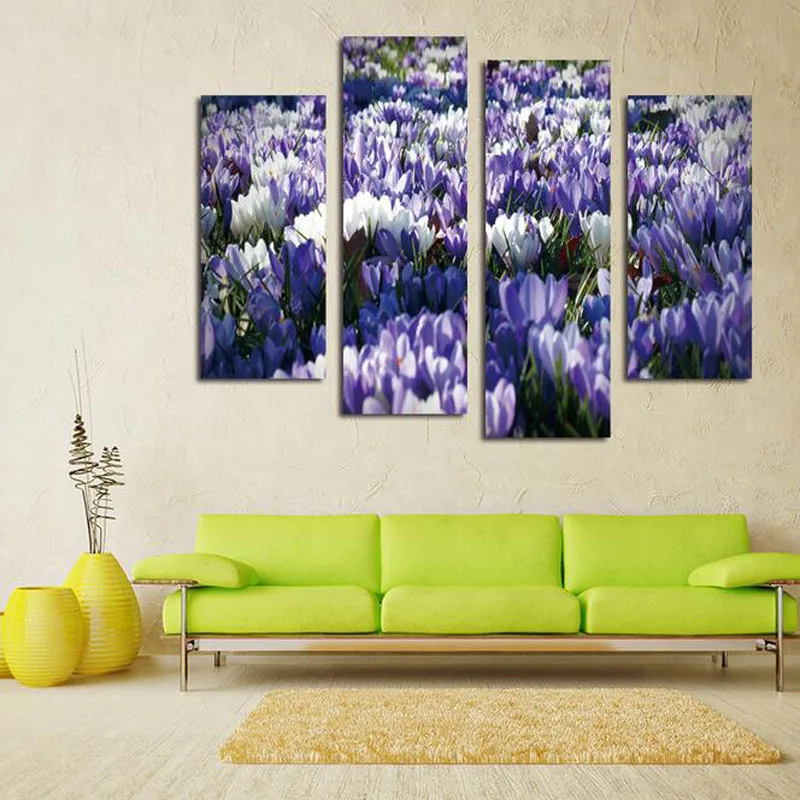 

Free shipping 4 Panels Purple flowers Painting Canvas Wall Art Picture Home Decoration Living Room Canvas Print Modern Painting