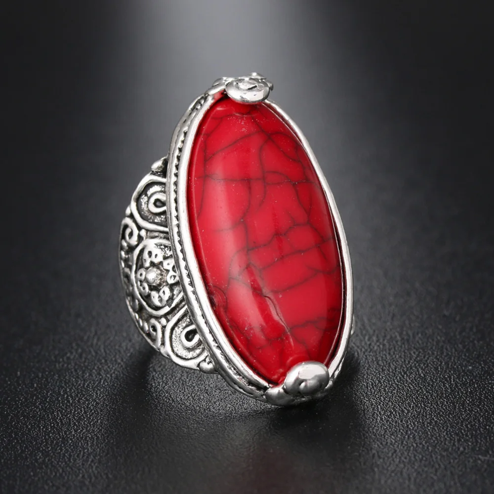 

NEW Vintage Bohemian Turquoises Rings For Women Men Tibetan Flower Tail Antique Silver Plated Oval Stone Finger Ring Jewelry