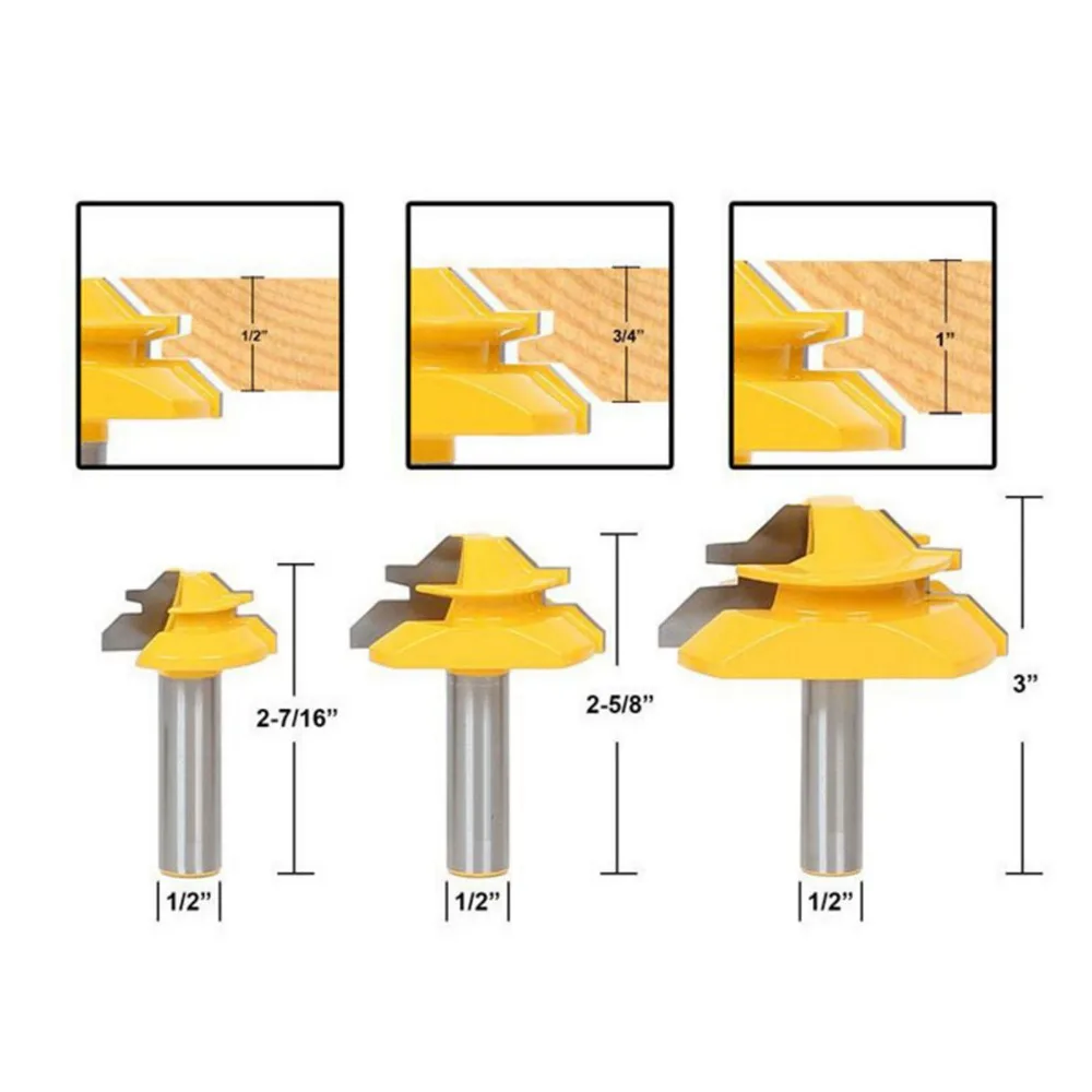 

DRELD 3pcs 45 Degree Lock Miter Router Bit Wood Cutter 1/2'' Shank Tenon Cutter Milling Cutters For MDF Plywood Woodworking Tool