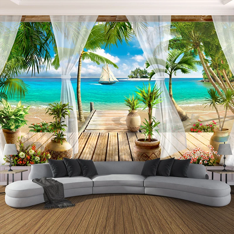 Custom 3D Photo Wallpaper Balcony Sandy Beach Sea View 3D Living Room Sofa Bedroom TV Background Wall Mural Wallpaper Home Decor