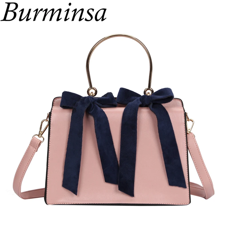 

Burminsa Summer Square Metal Ring Handbags For Girls Fashion Bow Small PU Leather Women Shoulder Crossbody Bags 2019 Beige Pink