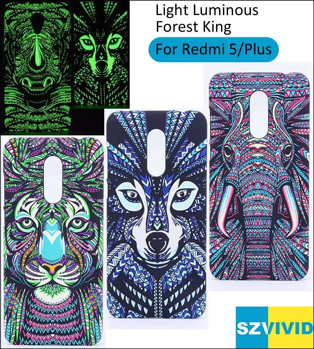 

Tiger Elephant Lion Wolf Cover Case For Xiaomi Redmi 5 Plus Forest King Light Glow in Dark Night Luminous 5.7 5.99 inch