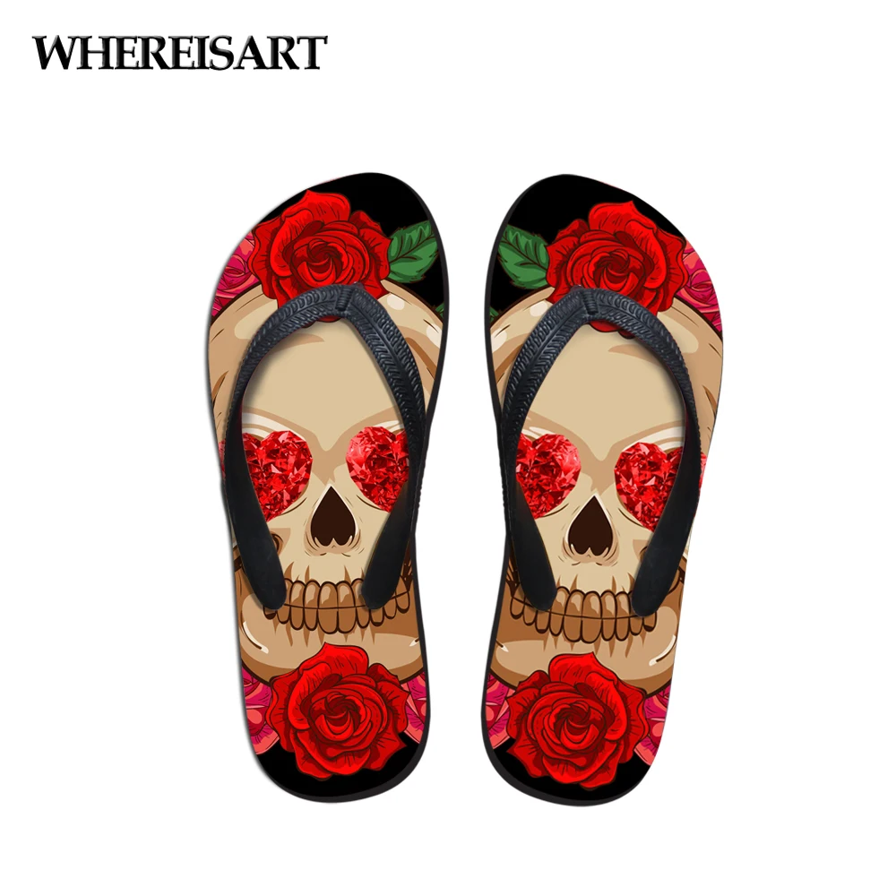 WHEREISART/Модные женские вьетнамки на плоской подошве с объемным черепом и цветочным