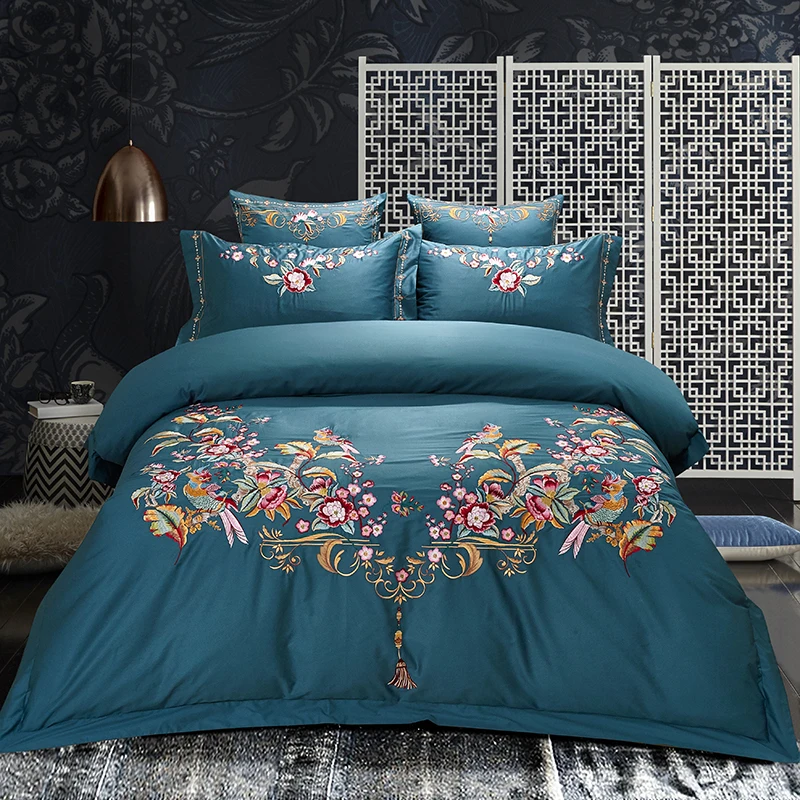 

Red Green Egyptian Cotton Luxury Royal Wedding Bedding set Oriental Embroidered Duvet Cover Double King Queen size Bed Sheet set
