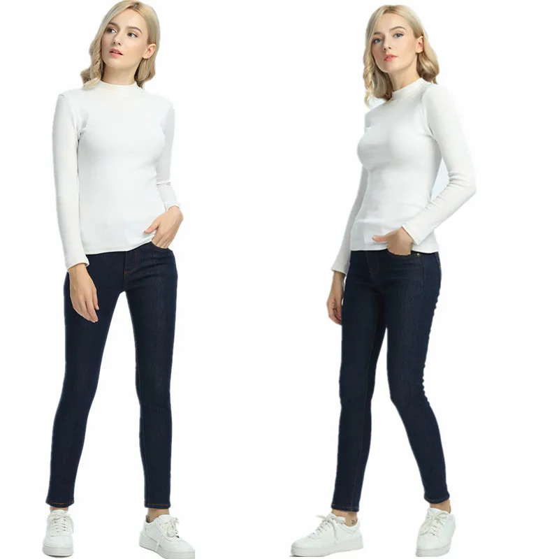 WKOUD зимние джинсы женские теплые плотные флисовые джинсовые штаны две пуговицы Высокая талия модные обтягивающие джинсовые брюки P8019