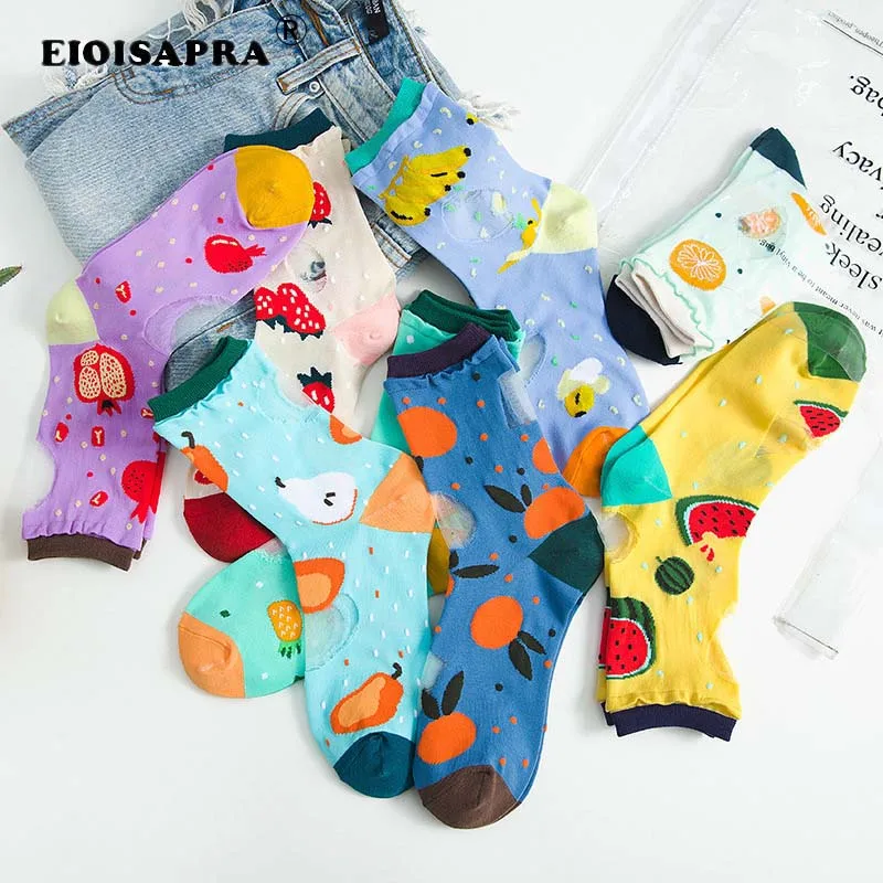 

8 Colors Women's Candy Colors Embroidery Fruit Vegetables Candy Socks Ladies Lace Socks College Style Transparent Glass Socks