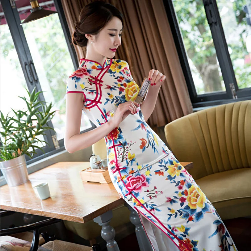 

100% Brand New Arrival Chinese Sexy Women's Silk Mandarin Collar Long Cheong-sam Qipao Dress S M L XL XXL 461