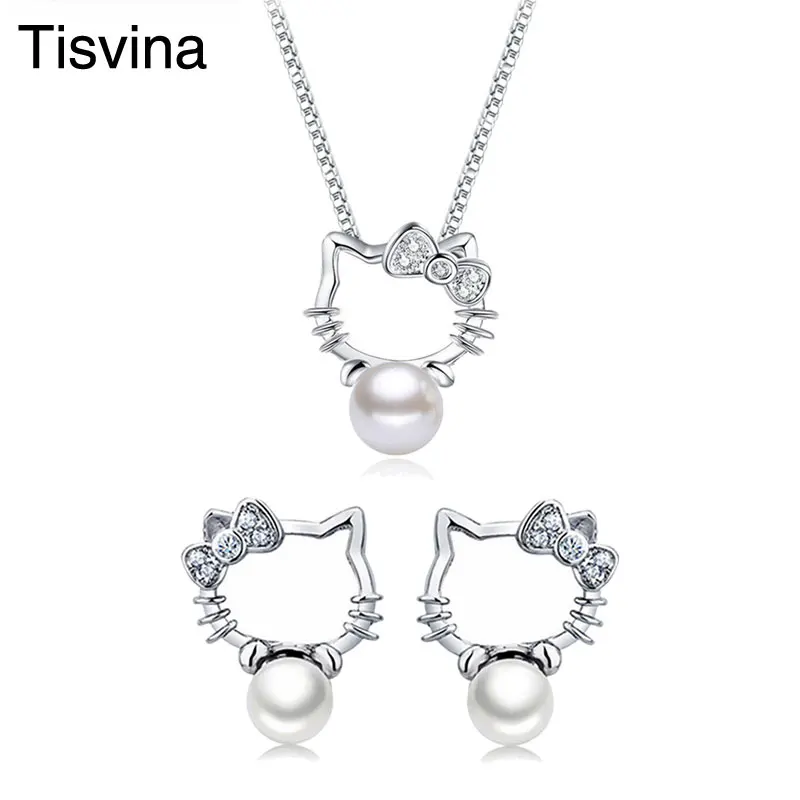 

Tisvina Hello kitty Necklace & Earrings for Women Girls Cute kitten Pearl & CZ Pendant Stud Earring Fashion Brand Jewelry Sets