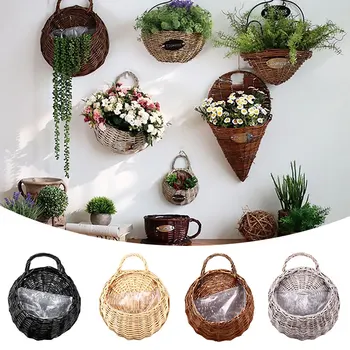 

Hanging Wicker Basket With Handle Rattan Flower Pot Plant Vase Wall Decoration Hallway Crafts Plant Hanger Container Garden Pot