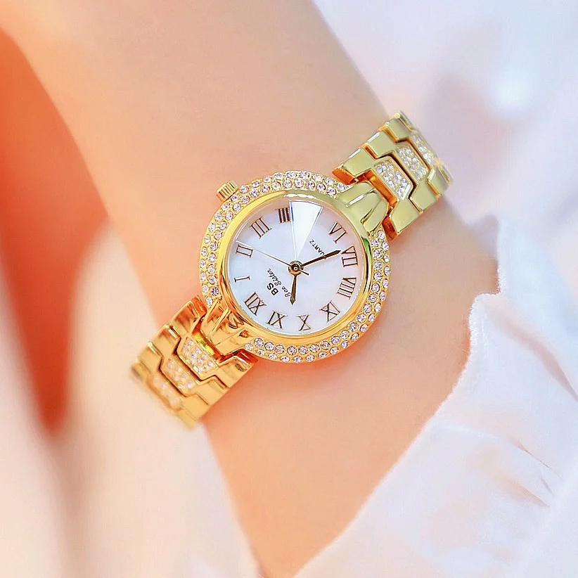 Женские часы со стразами и римским циферблатом, женские кварцевые часы, полностью стальные Простые Модные Повседневные часы для девушек, женские часы с браслетом