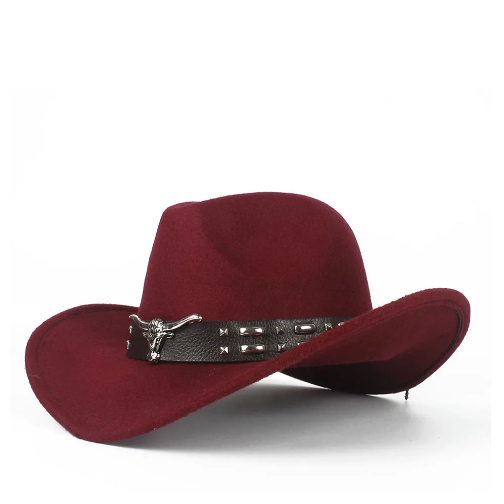 Модная женская и мужская Ковбойская шляпа в западном стиле с тауреновым поясом зима осень Джаз Outback Джаз тока сомбреро Кепка размер 56-58 см - Цвет: Wine red