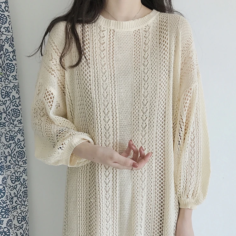 Summer Fashionable Korean Style Two Pieces Female Dress Chic Hollow Out Solid Knitting Blouse All-match Spaghetti Strap Dress4