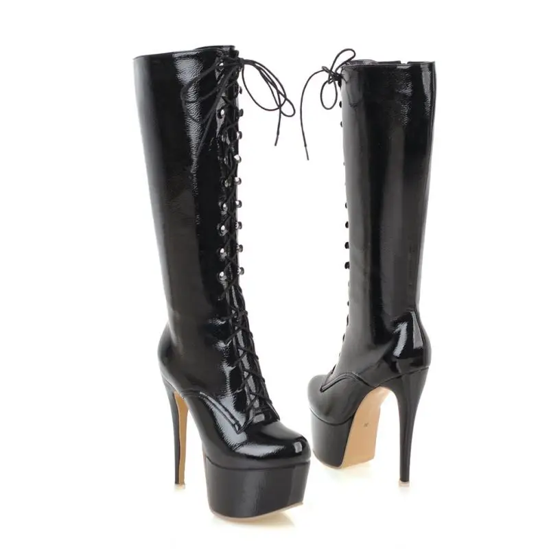 KemeKiss/пикантные женские ботинки на платформе и высоком каблуке размера плюс 33-48 теплые ботинки из лакированной кожи на шнуровке женская зимняя обувь на тонком каблуке