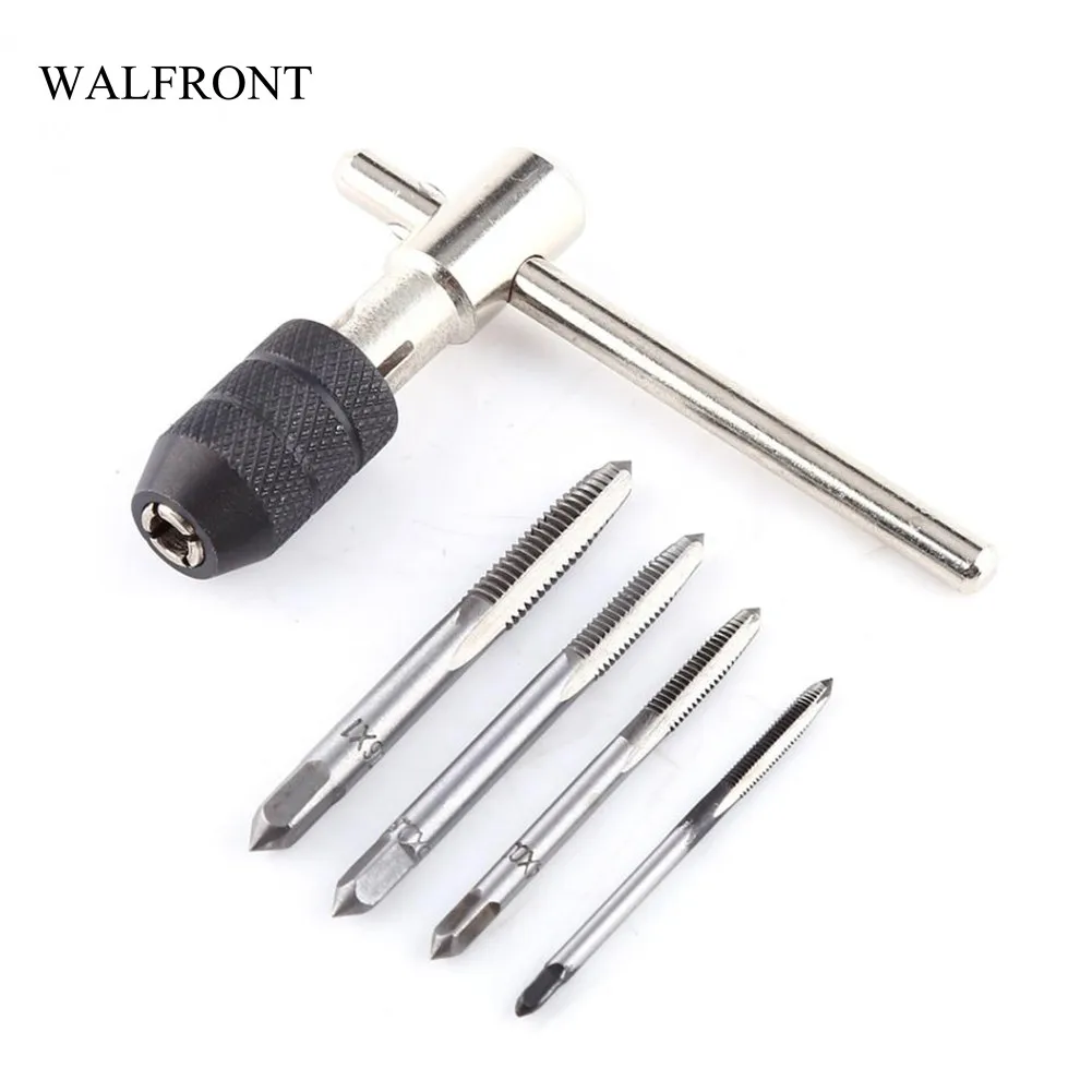 

WALFRONT 1Set T-Handle Ratchet Tap Wrench Screw Thread Plug Taps M3/M4/M5/M6 Straight Flute Tap Reamer Holder Grinding Hand Tool