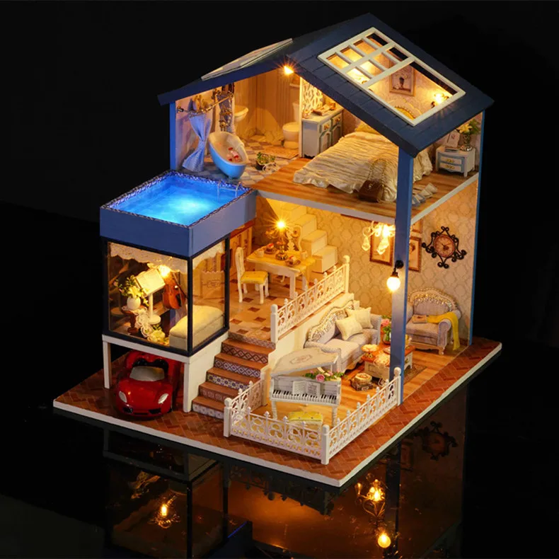 Милая комната новое поступление миниатюрный деревянный кукольный дом с мебели DIY игрушки для детей подарок на день рождения Сиэтл A061