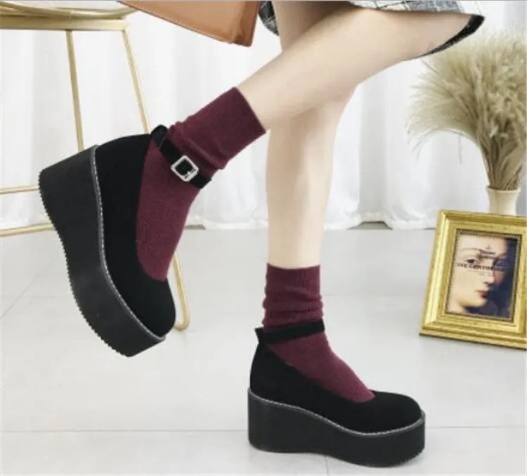 

PXELENA Harajuku Punk Rock Gothic Creepers Ankle Strap Shoes Women Japanese Wedge High Heel Thick Platform Pumps 2019 Spring New