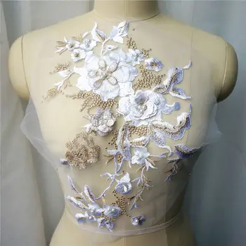 

White 3D Flowers Beads Rhinestones Appliques Embroidered Wedding Gown Decoration Mesh Trims Fabric Sew On Patch For Dress DIY