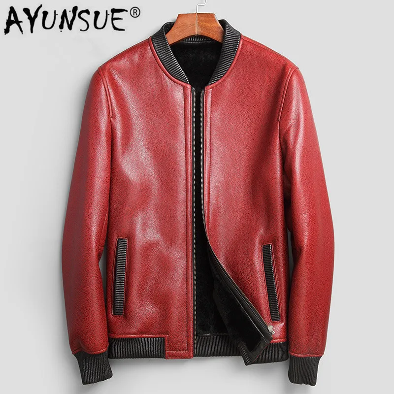 

AYUNSUE Genuine Sheepskin Leather Jacket Men Natural Fur Wool Coat Winter Shearling Jacket Men Real Fur Bomber Jacket 71E88B