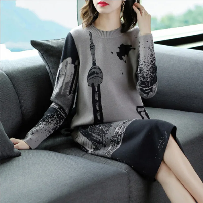 En Ligne 2019 nouveau femmes pull robe Vintage o cou à manches longues tricot robe femme M L XL XXL haute qualité