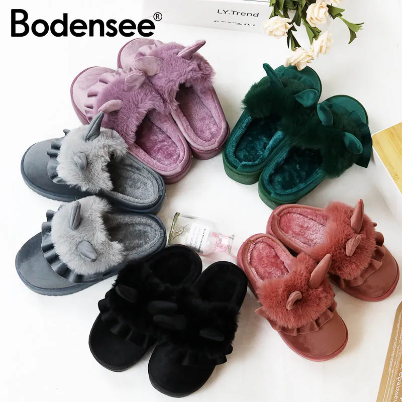 

New Winter Household Thick Cotton Slippers Women Warm Cute Bedroom Slipper Indoor Non-slip Rabbit Ears Flat Women Shoes S0256