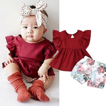 

Girls Clothes Summer Infant Baby Girls Flower Floral Ruffled Sleeveless Print Tops +Shorts 2PC Outfuit Sets