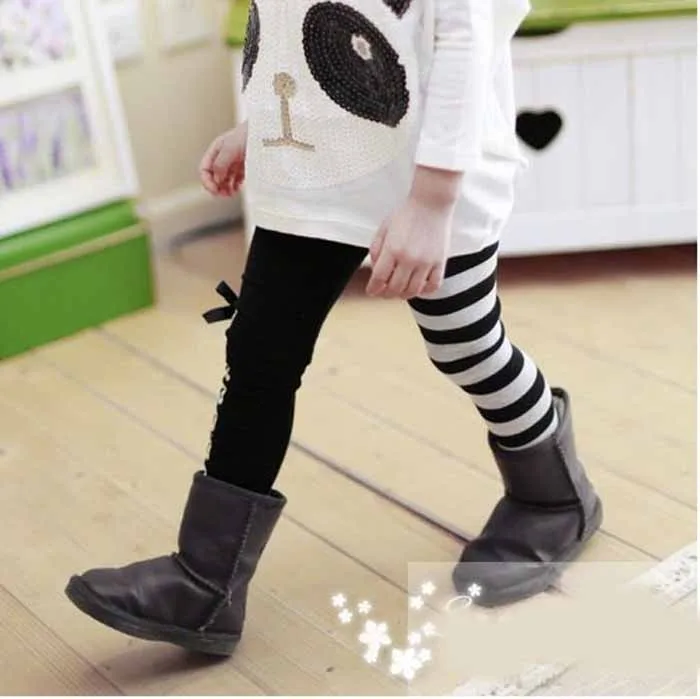 Красочное детство, леггинсы для маленьких девочек модные детские штаны со вставками черно-белые полосатые штаны с бантом для детей от 2 до 7 лет