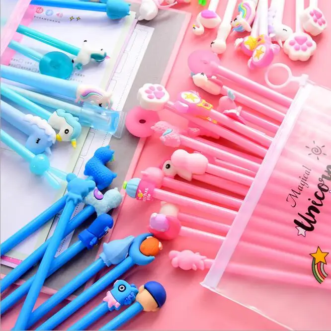 

20pcs + Free Organizer Bag 0.55mm Kawaii Cartoon Unicorn Korean Gel Pen Writing Pens School Office Stationery Accessories