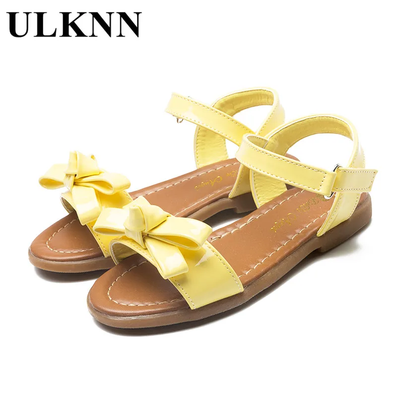 

ULKNN Big Children's Summer Sandals new princess shoes high-quality soft leather bow sandals tendon flat with sandals yellow Hot