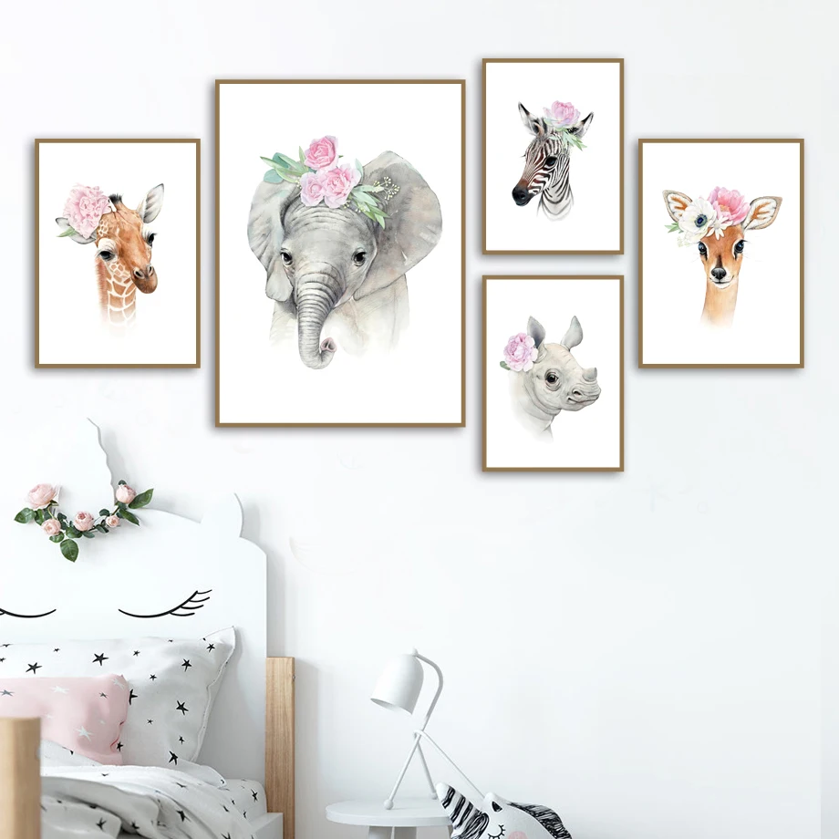 

Elephant Giraffe Zebra Floral Crown Wall Art Canvas Painting Nordic Posters And Prints Wall Pictures Baby Girl Kids Room Decor