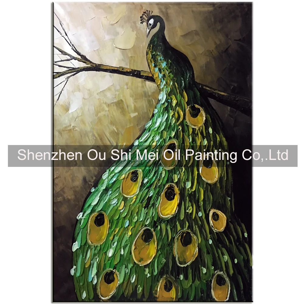 

100% Hand Painted Beautiful Knife Green Peacock Paintings Modern Animals Oil Painting On Canvas for Living Room Decoration