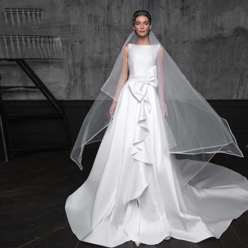 

Verngo Aline Wedding Dress Ivory Satin Princess Wedding Gowns Open back Elegant Bride Dress With a Big Bow Vestido De Noiva