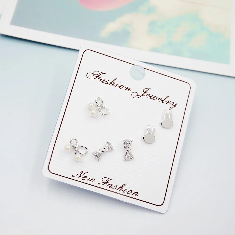 

3pair/set 925 Silver Needle Cute Rabbit Bowknot Zircon Stud Earring Set Wedding Simple Fashion Animal Korean Earrings Women Girl