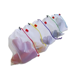 5 шт. Многоразовые продукты сумки сетка Ployester овощи фрукты сумки Сумка для хранения продуктовый Органайзер Сумка легко видеть через - изображение