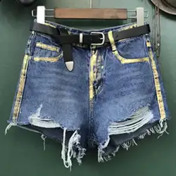 2019 джинсовые шорты для женщин летние рваные кисточкой Ретро Высокая талия Свободные Лоскутные широкие джинсы шорты для