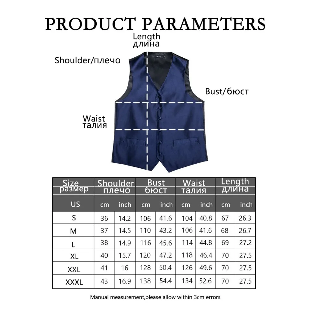 Hi-Tie Men's Classic Blue Silk Jacquard Waistcoat Vest Handkerchief Cufflinks Party Wedding Solid Tie Vest Suit Set MJ-0002