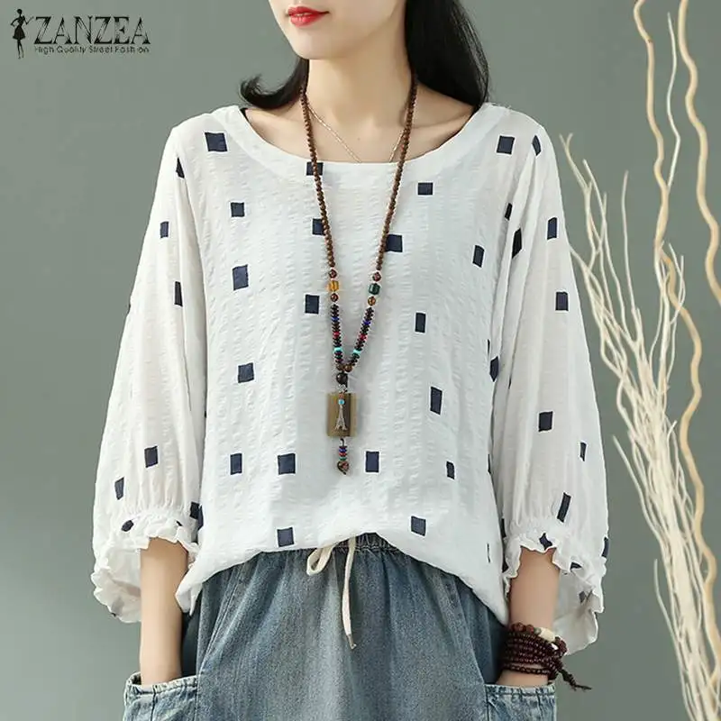 

2019 ZANZEA Fashion Women Tops Blouses Casual Square Printed Shirt Tunic Tops Vintage Ruffles Sleeve Chemisers Mujer Plus Size