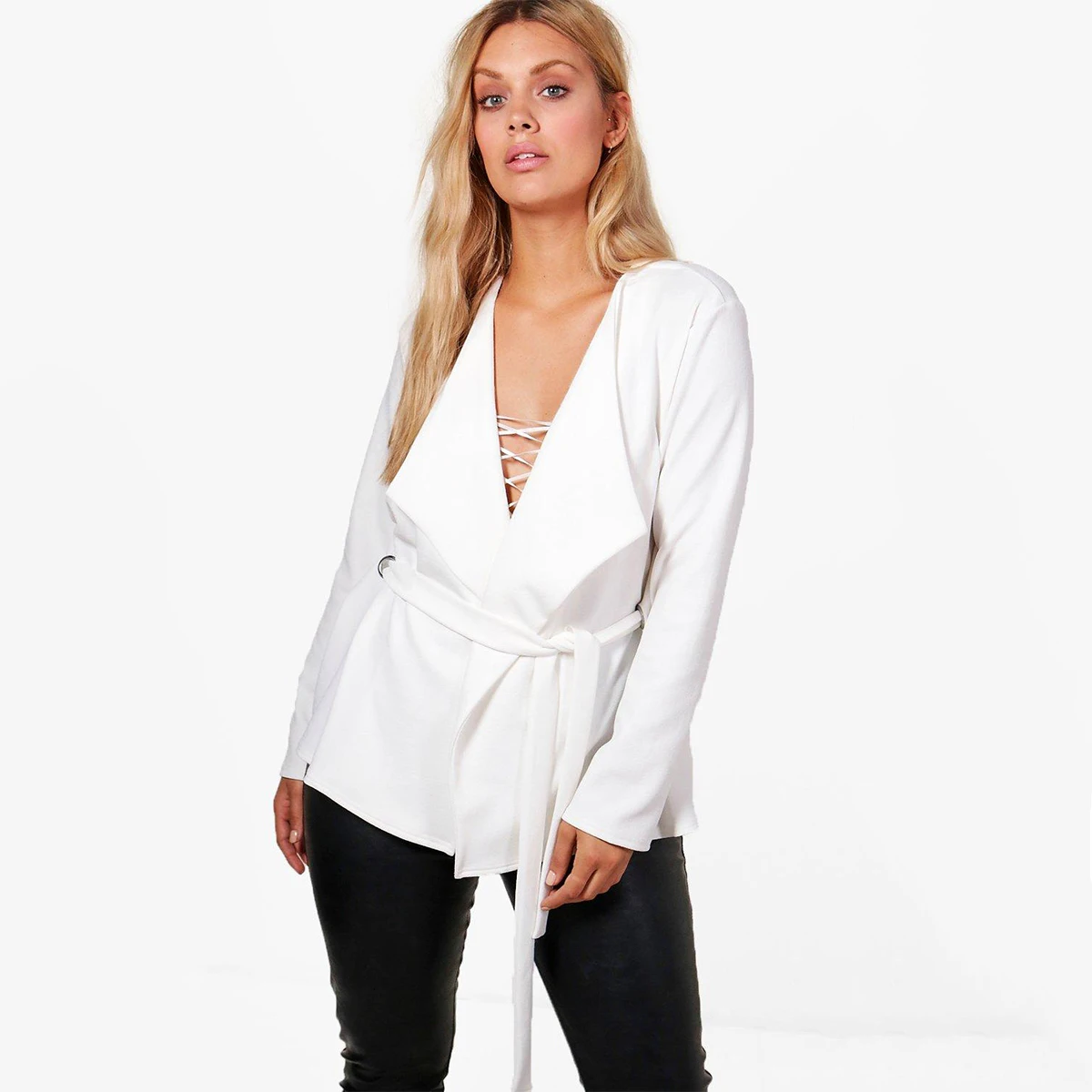 Kiss Milk 2018 Plus Size Solid Sexy V-neck Women Blazers Lace Up Female  Clothing Office Lady Black And White  Big Size Coats