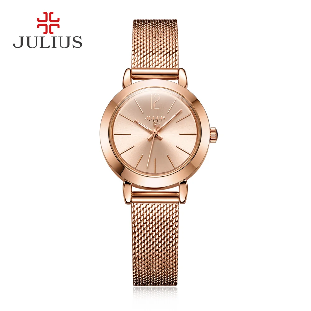 JULIUS JA-732 женские серебряные розовые золотые тон сетки из нержавеющей стали Кварцевые аналоговые водонепроницаемые Модные Часы повседневные наручные часы - Цвет: Rose Gold
